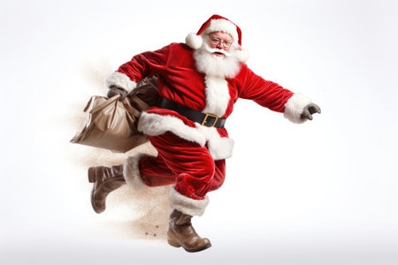 Christmas Day, Santa Claus with a huge bag on the run to delivery christmas gifts isolated on white background . Generate Aiの素材