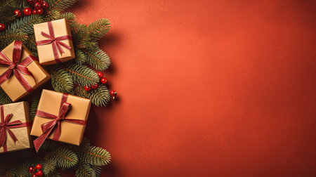 Christmas Day, Top view of Christmas background with gift boxes, fir tree branches, clews of rope, paper's rools and decorations on red. Preparation for holidays with copy space. Generate Aiの素材