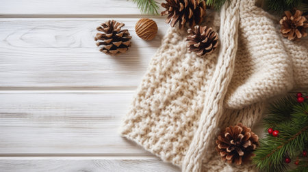 Christmas Day, Top view of Christmas composition. Christmas gift, knitted blanket, pine cones, fir branches on wooden white background. copy space. Generate Aiの素材