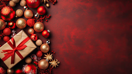 Christmas Day, Top view of Christmas gift boxes and fir tree branches on red background, copy space. Generate Aiの素材