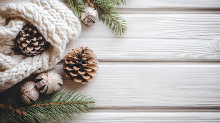 Christmas Day, Top view of Christmas composition. Christmas gift, knitted blanket, pine cones, fir branches on wooden white background. copy space. Generate Aiの素材