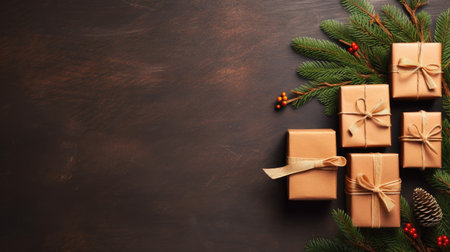 Christmas Day, Top view of Christmas background with gift boxes, fir tree branches, clews of rope, paper's rools and decorations on red. Preparation for holidays with copy space. Generate Aiの素材