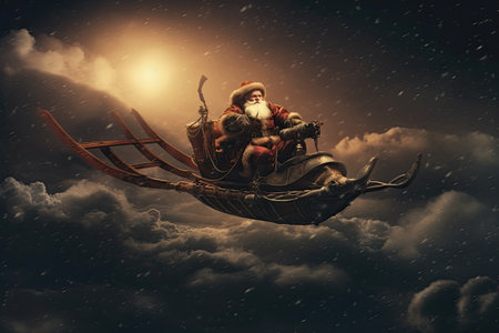 Christmas Day, Santa flying in sleigh with Christmas sky. Generate Aiの素材