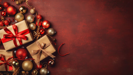 Christmas Day, Top view of Christmas gift boxes and fir tree branches on red background, copy space. Generate Aiの素材