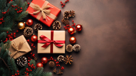 Christmas Day, Top view of Christmas background with gift boxes, fir tree branches, clews of rope, paper's rools and decorations on red. Preparation for holidays with copy space. Generate Aiの素材