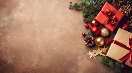 Christmas Day, Top view of Christmas background with gift boxes, fir tree branches, clews of rope, paper's rools and decorations on red. Preparation for holidays with copy space. Generate Aiの素材
