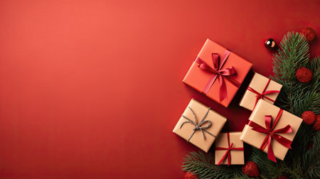 Christmas Day, Top view of Christmas background with gift boxes, fir tree branches, clews of rope, paper's rools and decorations on red. Preparation for holidays with copy space. Generate Aiの素材