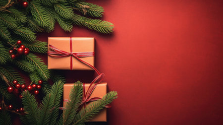 Christmas Day, Top view of Christmas background with gift boxes, fir tree branches, clews of rope, paper's rools and decorations on red. Preparation for holidays with copy space. Generate Aiの素材