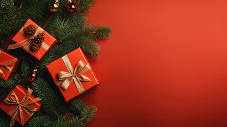 Christmas Day, Top view of Christmas background with gift boxes, fir tree branches, clews of rope, paper's rools and decorations on red. Preparation for holidays with copy space. Generate Aiの素材