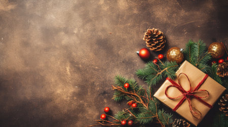 Christmas Day, Top view of Christmas background with gift boxes, fir tree branches, clews of rope, paper's rools and decorations on red. Preparation for holidays with copy space. Generate Aiの素材