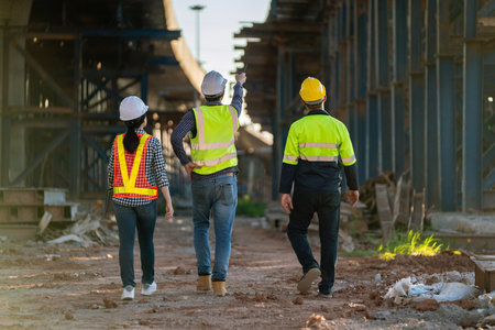 A Professional team of engineers, architects walking, inspecting and working on a highway construction site with a laptop at a road construction site. engineering and architecture concept.の写真素材