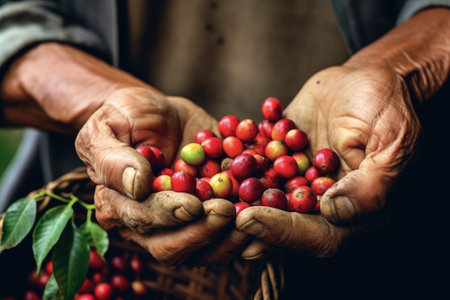 Agriculture picking coffee berries, Farmer's hand picking Arabica coffee berries or Robusta berries by the hands. Vietnam. Generative Aiの素材