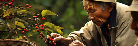 Vietnamese farmers Picking Arabica coffee berries Robusta by hand. Generative Aiの素材
