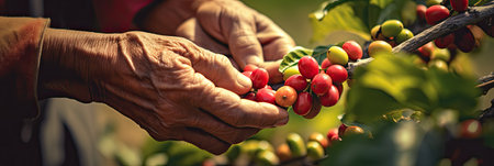 Agriculture picking coffee berries, Farmer's hand picking Arabica coffee berries or Robusta berries by the hands. Vietnam. Generative Aiの素材