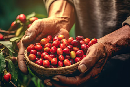 Agriculture picking coffee berries, Farmer's hand picking Arabica coffee berries or Robusta berries by the hands. Vietnam. Generative Aiの素材