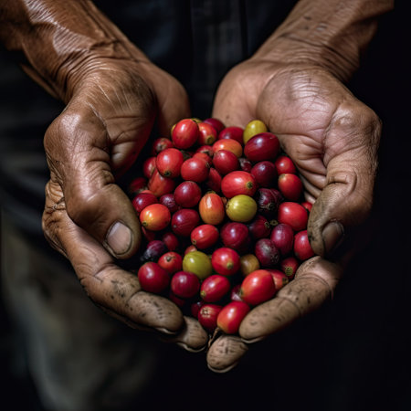 Agriculture picking coffee berries, Farmer's hand picking Arabica coffee berries or Robusta berries by the hands. Vietnam. Generative Aiの素材