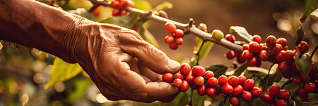 Agriculture picking coffee berries, Farmer's hand picking Arabica coffee berries or Robusta berries by the hands. Vietnam. Generative Aiの素材