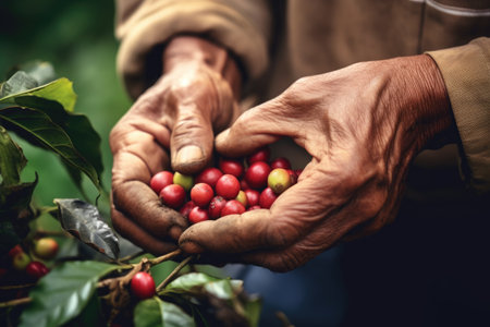 Agriculture picking coffee berries, Farmer's hand picking Arabica coffee berries or Robusta berries by the hands. Vietnam. Generative Aiの素材