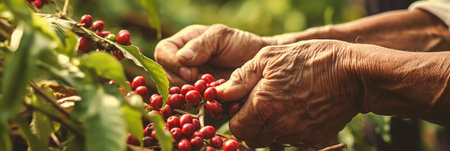 Agriculture picking coffee berries, Farmer's hand picking Arabica coffee berries or Robusta berries by the hands. Vietnam. Generative Aiの素材