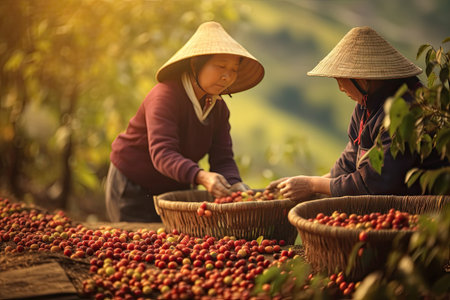 Female vietnamese farmers Picking Arabica coffee berries Robusta by hand. Generative Aiの素材