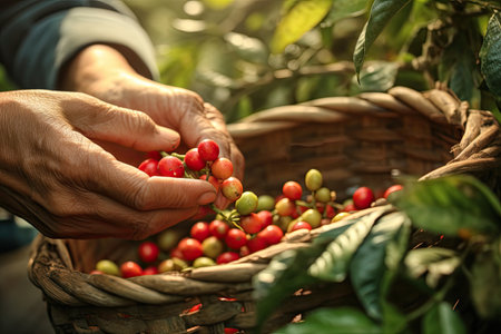 Agriculture picking coffee berries, Farmer's hand picking Arabica coffee berries or Robusta berries by the hands. Vietnam. Generative Aiの素材