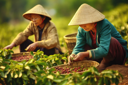 Female vietnamese farmers Picking Arabica coffee berries Robusta by hand. Generative Aiの素材