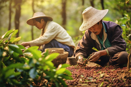 Vietnamese farmers Picking Arabica coffee berries Robusta by hand. Generative Aiの素材