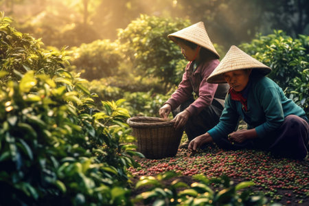 Vietnamese farmers Picking Arabica coffee berries Robusta by hand. Generative Aiの素材