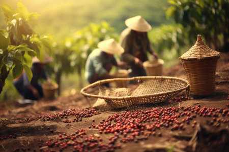 Vietnamese farmers Picking Arabica coffee berries Robusta by hand. Generative Aiの素材