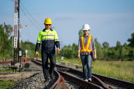 Architects and engineers walking on railway tracks inspecting railway tracks to plan maintenance.の写真素材