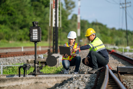 Architects and engineers sit and use laptops to point out railroad tracks where repairs to the railroad switch construction process need to be expedited.の写真素材
