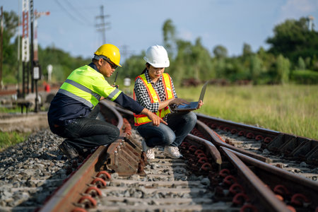 Architects and engineers are pointing at the railway track where the repair process of the railway switchgear construction has to be accelerated and inspection work in the station.の写真素材