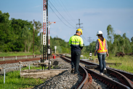 Architects and engineers wear safety suits and helmets to work. Walk to inspect the tracks to plan for maintenance.の写真素材