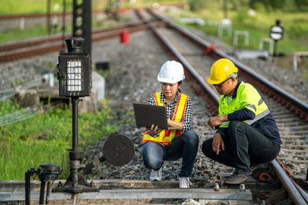 Architects and engineers use laptop technology and construction innovations to inspect the train tracks.の写真素材