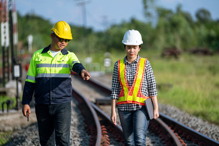 Architects and engineers are walking, inspecting and inspecting the railway switchgear construction process and inspection work in the railway station.の写真素材