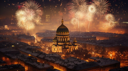 Happy new year in the capital there are fireworks in the sky at night. Generate Aiの素材