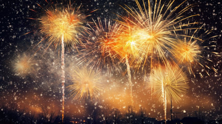 Happy New Year with Festive Gold Fireworks Collage in Night Sky. Generate Aiの素材