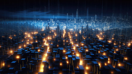 Information represented as a High Tech Futuristic Particle Network. Big Data Vizualisation concept. Generative Aiの素材