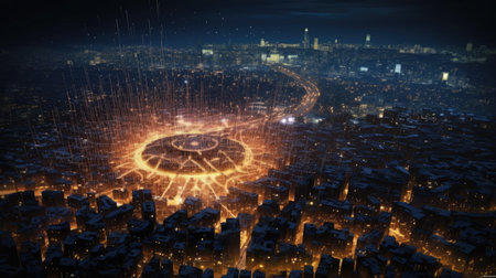Information represented as a High Tech Futuristic Particle Network. Big Data Vizualisation concept. Generative Aiの素材