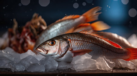 japanese fresh fishes and crustacean on ice. Generative Aiの素材