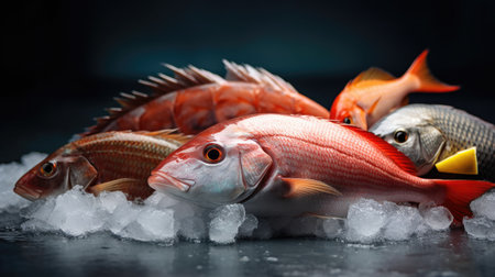japanese fresh fishes and crustacean on ice. Generative Aiの素材