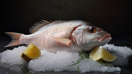 A snapper fish. Raw fish snapper with lemon on ice background. Generative Aiの素材