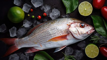 Top view of Fresh snapper preparation with lemon and vegetables on ice. Snapper fish. Generative Aiの素材