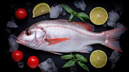 Top view of Fresh snapper preparation with lemon and vegetables on ice. Snapper fish. Generative Aiの素材
