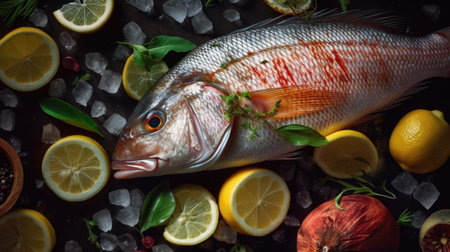 Top view of Fresh snapper preparation with lemon and vegetables on ice. Snapper fish. Generative Aiの素材