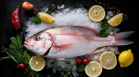 Top view of Fresh snapper preparation with lemon and vegetables on ice. Snapper fish. Generative Aiの素材