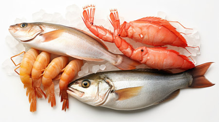 Top view of japanese fresh fishes and crustacean on white background. Generative Aiの素材