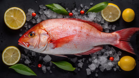 Top view of Fresh snapper preparation with lemon and vegetables on ice. Snapper fish. Generative Aiの素材