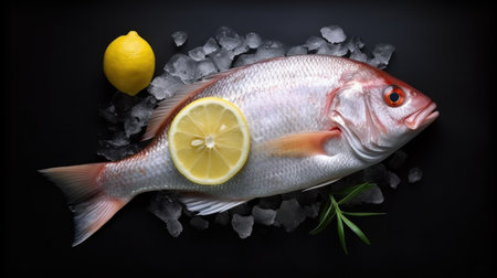 A raw fish white snapper with lemon on ice. snapper fish. Generative Aiの素材