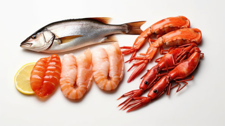Top view of japanese fresh fishes and crustacean on white background. Generative Aiの素材